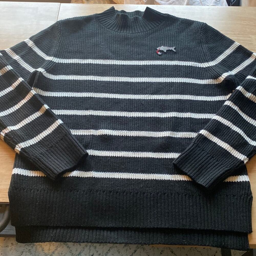 Striped ribbed mock turtleneck with shark patch